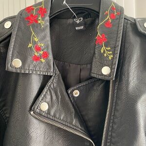Windsor Black Leather Jacket with Red Floral Details